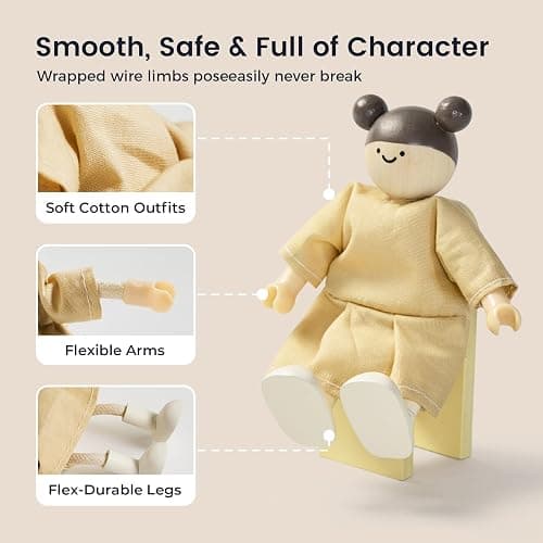 Tiny Land Wooden Dollhouse People Set, 5-Piece Poseable Wooden Doll Family with Dad, Mom, Brother, Sister, Baby and Stroller, Dollhouse Accessories Toy Pretend Play Gift for Kids Ages 3+ thumbnail 4