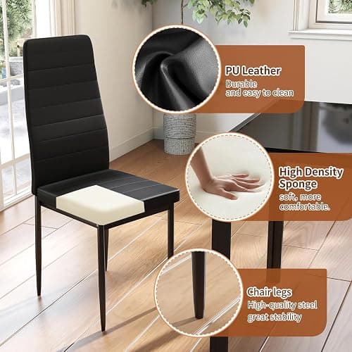 FDW | Dining Table Set for 4 | 5-Piece Glass Black Dining Table | Kitchen Table with 4 Upholstered Chairs and Faux Leather Cushions | Space-Saving and Modern Design | for Dining Room, Easy to Assemble thumbnail 6