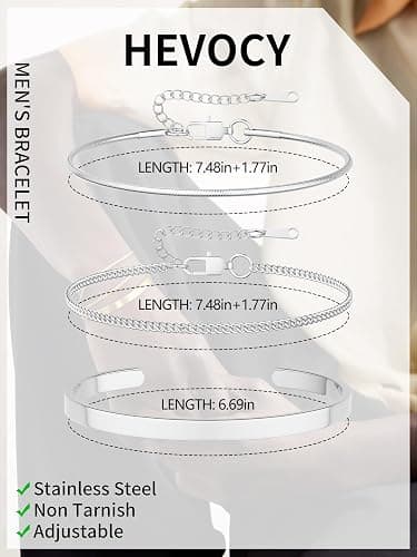 HEVOCY Stacked Bracelets for Men Women: 3 Pcs Bracelet Set Cuff Bangle/Cuban Link/Snake Chain Adjustable Layered Bracelet Stainless Steel Bracelets for Mens Jewelry Gifts for Him thumbnail 5