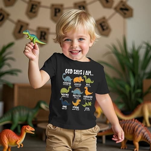 GLIGLITTR Toddler Boy Dinosaur Shirt God Says I Am Bible Verse Dino Religious Tshirt Christian Outfits Baby Short Sleeve Tees thumbnail 3
