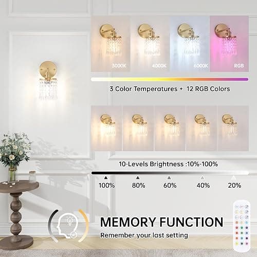 Shenmoyl Set of 2 Crystal Battery Operated Wall Sconce, Rechargeable Battery Powered Wall Lamp with Remote Control, Modern Dimmable Wireless Wall Lights for Bedroom Bathroom(Transparent, Gold Base) thumbnail 2
