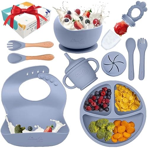 Silicone Baby Feeding Set – 10 Pcs Baby Led Weaning Supplies & Self Feeding Kit | BPA-Free Toddler Plates and Bowls Set, Bib, Fruit Feeder, Cup, Spoons & Forks – Empower Independence with LimeOr -Gray - Image 1