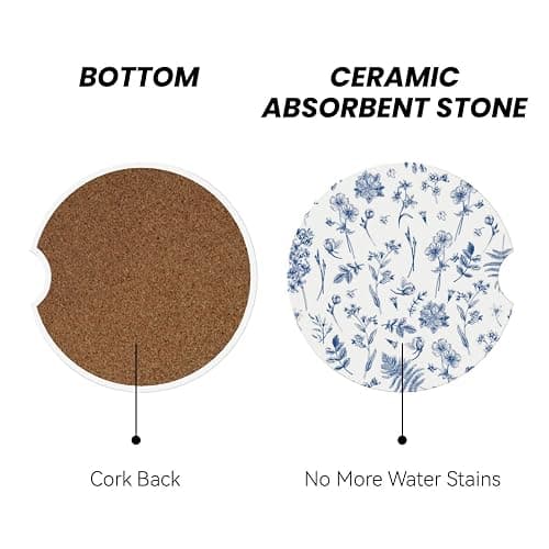 Vintage Blue Flower Car Coasters for Cup Holder Absorbent Ceramic Cup Coaster 2 Pack Anti Slip Car Interior Accessories with Finger Notch Cork Base for Women Men 2.56" thumbnail 3