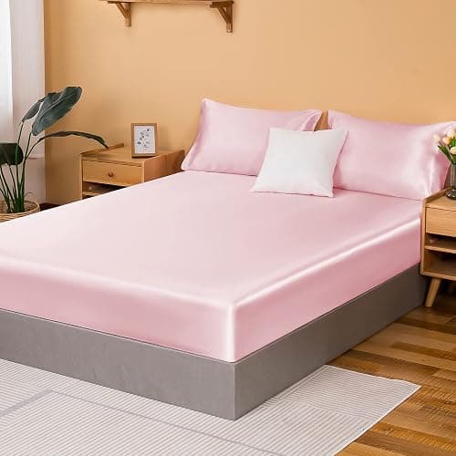 NSGZ Satin Fitted Sheet Twin, Single Silky Fitted Sheet Only Soft Deep Pocket Bottom Bed Sheets, Wrinkle Free & Fade Resistant & Breathable Bottom Sheets- Pink - Image 1
