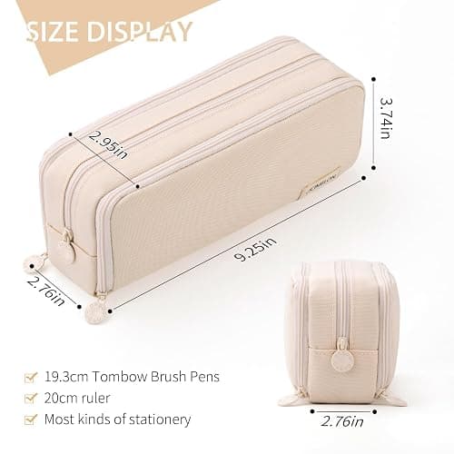 CICIMELON Large Capacity Pencil Case 3 Compartment Pouch Pen Bag for School Teen Girl Boy Men Women (Beige) thumbnail 5