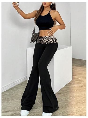 RoseSeek Women's Leopard Print Color Block Flare Pants Elastic High Waisted Bell Bottoms thumbnail 2