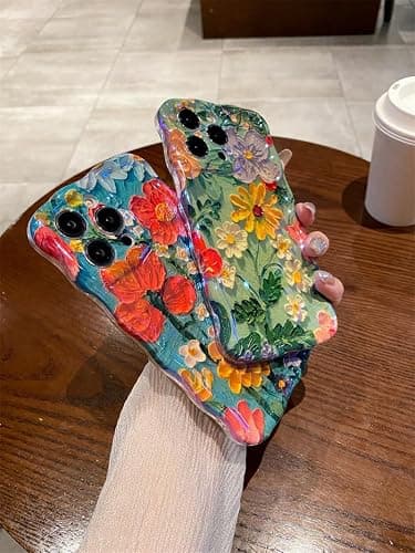 Amytor Case for iPhone 15 Pro Max, Colorful Retro Oil Painting Printed Flower Laser Glossy Pattern Cute Curly Wave Edge Exquisite Phone Cover Stylish Durable TPU Protective Case (Purple Yellow White) thumbnail 5