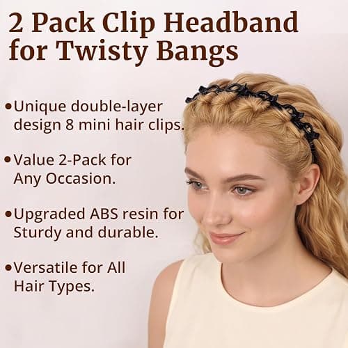 HFZRZFH 2 Pack Clip Headband for Twisty Bangs, 90s Hair Accessories for Women with 8 Mini Clips, Braided Hair Clip Headbands for Y2K Fashion Styling, Black and Brown thumbnail 9