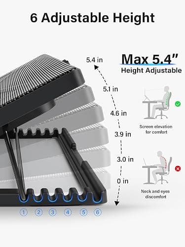 Kootek Laptop Cooling Pad, Laptop Cooler with 5 Quiet Fans for 12"-17" Computer PC Notebook Gaming Laptop Fan, Height Adjustable Laptop Cooling Stand Laptop Accessories, Blue thumbnail 3