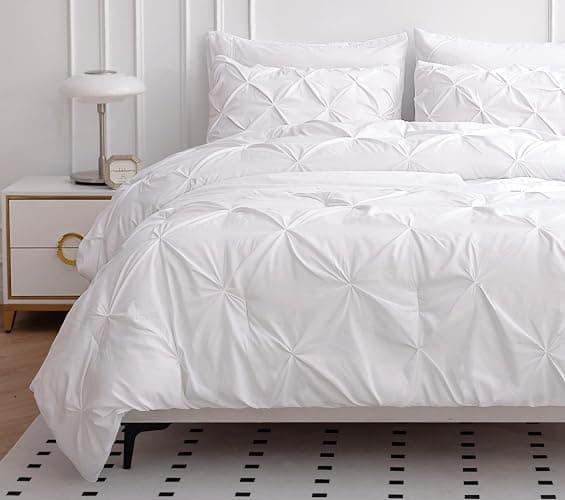 Lane Linen Full Comforter Set – 7 Piece Bed in a Bag – Pinch Pleated Full Size Bedding Set with Comforter, Flat Sheet, Fitted Sheet, Pillowcase & Sham – Soft Pintuck Bed Set - White - Image 1