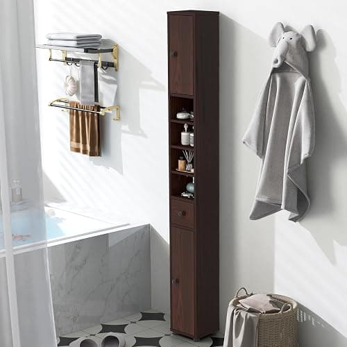 Tangkula Tall Slim Bathroom Storage Cabinet, 71" Freestanding Bathroom Cabinet w/ 2 Doors, 1 Drawer & 5 Adjustable Shelves, Floor Narrow Tower Cabinet for Small Spaces, 8" x 8" x 71" (Brown) thumbnail 4