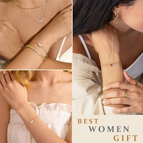 RLMOON Gold Bracelets for Women Dainty 2 Birthstone Bracelets Non tarnish 14K Gold Plated Heart CZ Bracelet for Mother and Daughter Anniversary Birthday Jewelry Gift - 04-05 April&May thumbnail 5