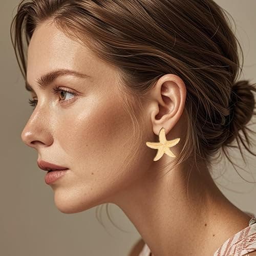 Starfish Shell Stud Earrings for Women Gold Silver Chunky Seashell Drop Dangle Earring Beach Summer Themed Jewelry thumbnail 3