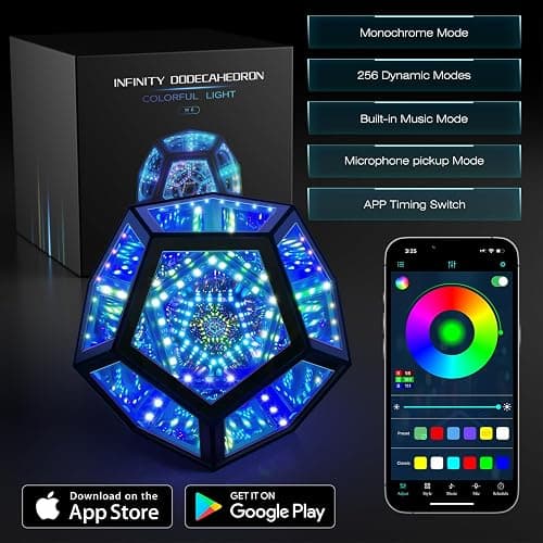 MITO Infinity Mirror Light Dodecahedron, RGBW Cube Light Decor for Gaming | Deep 3D Light Tunnels, Music-Reactive Light Show, 258 Light Effect, Desk Decor, Christmas Birthday Gamer Gift for Teens & Men thumbnail 6