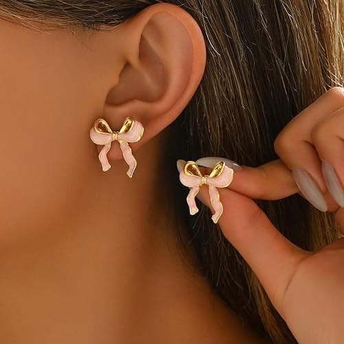 Pink Bow Earrings for Women Cute Bow Ribbon Stud Earrings Trendy Christmas Jewelry for Women thumbnail 3