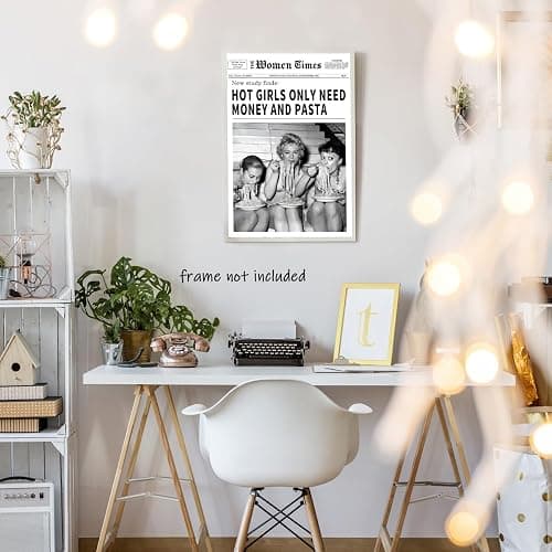Vintage Women Times Newspaper Canvas Wall Art Black and White Aesthetic Poster Funky Hot Girl Eating Pasta Fashion Prints for Italian Kitchen Bar Cart Girly Dorm Room Art Posters 12x16inch Unframed thumbnail 5