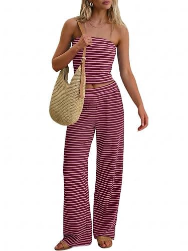 ANRABESS Women 2 Piece Sets Summer Striped Outfits Matching Tube Top Wide Leg Lounge Pants 2026 Travel Beach Vacation Clothes - Image 1