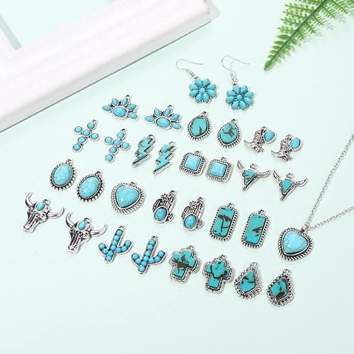 NVENF 32PCS Western Charms for Jewelry Making, Synthetic Turquoise Vintage Cactus Heart Flower Lightning Cowboy Boot Pendant for Bracelet Necklace Earring DIY Crafts thumbnail 2