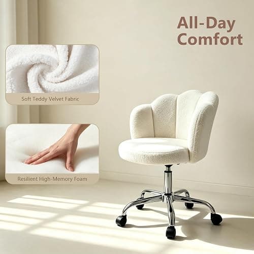Vanity Chair with Teddy Fleece, Armless Swivel Desk Chair | Adjustable Height | 360° Swivel for Makeup | 47cm WideSeat for Bedroom, Home Office, Small Space | Up To 300lb(Cream White) thumbnail 6