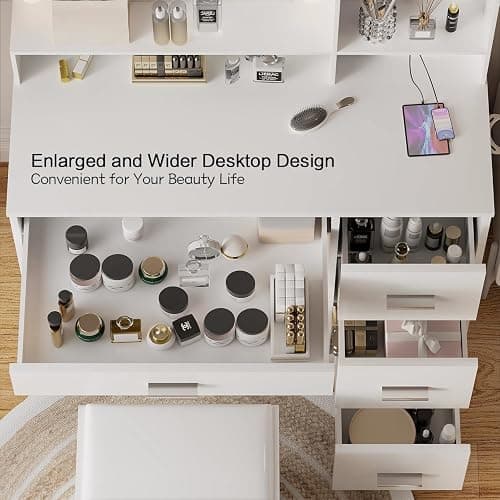 YESHOMY Vanity Desk with Mirror, Power Outlet and 10 Lights, Makeup Table with 4 Drawers, 3 Color Modes Available for Bedroom, White, 39.3x17.7x58.8 inch thumbnail 4