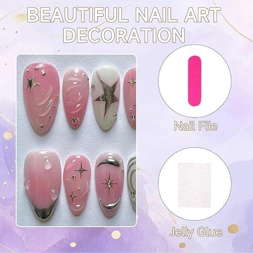 Auroriel 24 Stück Short Almond Press on Nails Pink mit 3D Stern- und Kreis-Design Wiederverwendbare Acrylic Fake Nails Full Cover für Frauen Party Alltag DIY Maniküre thumbnail 5