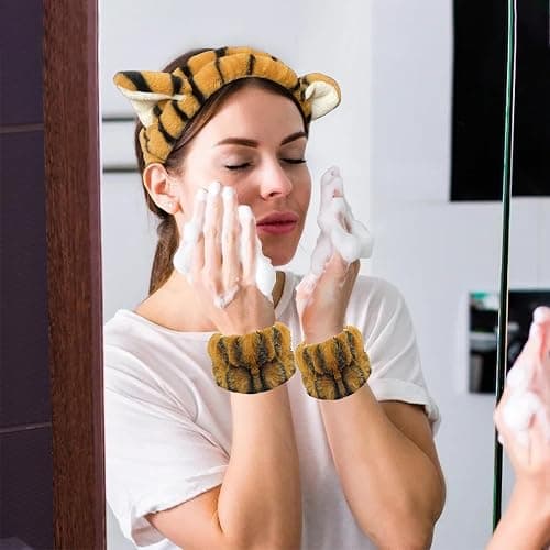 AEGYPIUS Tiger Ears Face Wash Headband and Wristband Set - 3 Pcs Spa Skincare Set for Women and Girls - Yellow thumbnail 5