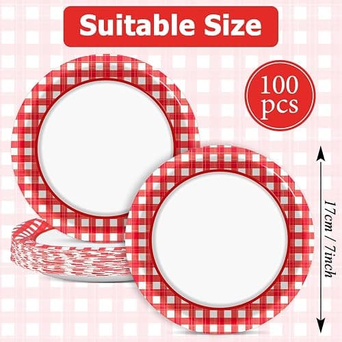 Naozinebi 100pcs 7inch Red and White Plates Checkered Plaid Tableware Baby Shower Red Dessert Disposable paper Dinnerware for Picnic Barbecue Baby Shower Birthday Party Decorations thumbnail 3