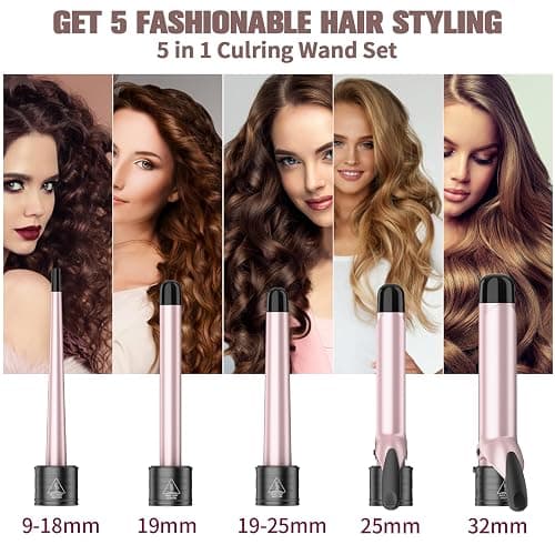 Curling Wand Curling Tongs - New Upgraded 5 in 1 Hair Curler with LCD Display and 5 Interchangeable Ceramic Barrel, Curling Iron Set for Long/Short Hair, with Adjustment Temp/Heat Resistant Glove thumbnail 2