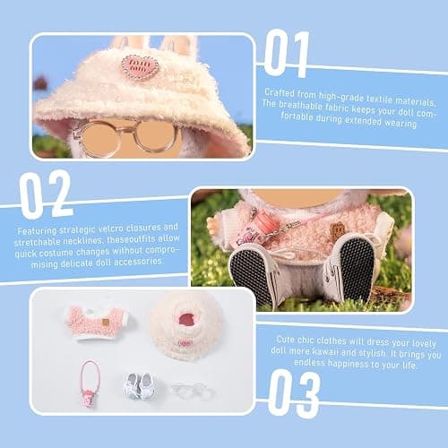 Doll Clothes Set 5-Piece for 15cm/17cm Dolls- Trendy Outfit Fits 7 inch Doll Collectible - Hat, Shirt, Canvas Shoes, Glasses, Water Bottle (Girls, 17cm/7inch) thumbnail 3