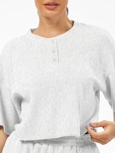 AnotherChill Women's Cropped Waffle Knit Lounge Set – Short Sleeve Henley Top and High Waisted Shorts 2 Piece Casual Outfit thumbnail 7