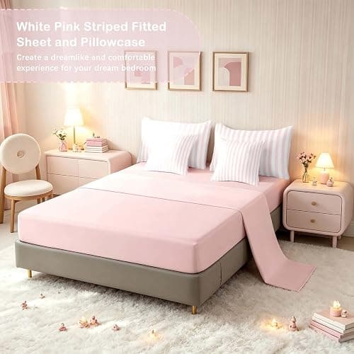 Feelyou White Pink Striped Comforter Set with Sheets 7 Piece Twin Size Striped Bed in a Bag Kids Boys Girls Bedding Set Basic Simple Bedroom Decor Breathable Soft Lightweight Microfiber thumbnail 4