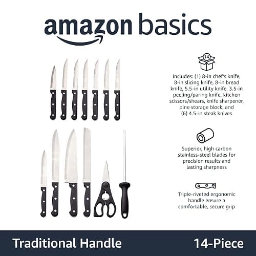 Amazon Basics 14-Piece High Carbon Stainless Steel Kitchen Knife Set with Sharpener and Pinewood Block, Black thumbnail 4