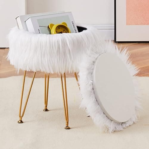 Mxfurhawa Faux Fur Storage Ottoman Round Furry Vanity Stool Marble Grain Tray Coffee Table Compact Footrest with 4 Metal Legs Soft Makeup Seat Foot Stool for Living Room Bedroom Entryway White - Image 1