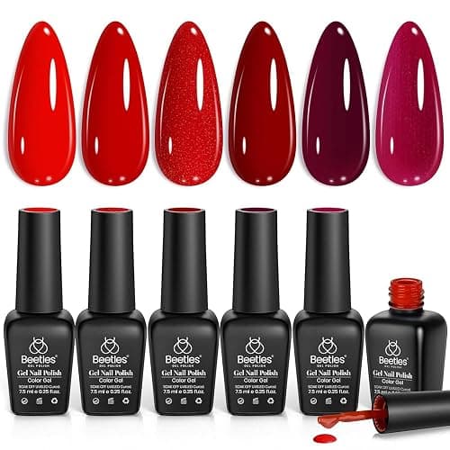 Beetles Red Gel Nail Polish Set - 6 Colors Bloody Mary Collection Popular Shimmer Red Burgundy Gel Polish Kit Valentine's Day Gift, Soak Off LED Gel Nail Kit Minicure DIY Home - Image 1