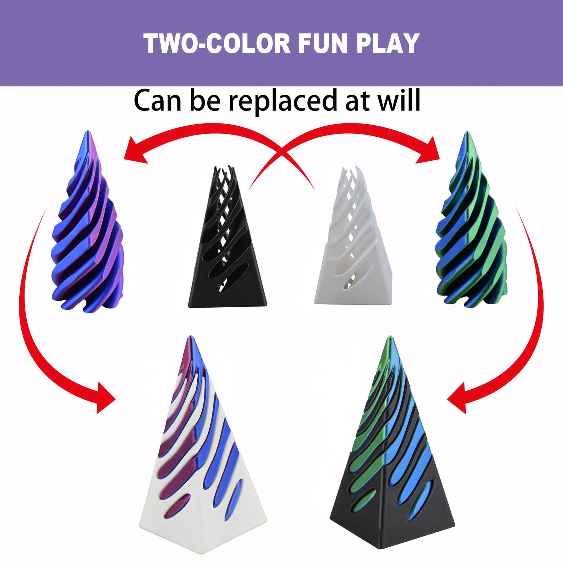 3D Spiral Fidget Stress Relief Toys Suitable(3 Square) | Cone ;Young People;PLA;Multicolor thumbnail 3