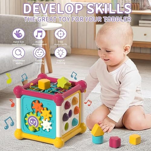 PANITU Baby Activity Cube, Cube Toys for Babies 6-12 Months, Toddler Music Busy Board with 4 Sensory Shape Blocks, 6-in-1 Educational Early Development Toy, Christmas, Birthday Gift for 1 Year Old thumbnail 6