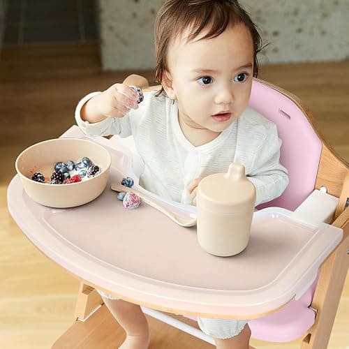 Cowiewie Natural Wooden High Chair for Babies & Toddlers 3-Tier Remove Adjustable Tray and Highchair with Cushions, Easy to Clean, Portable. (Pink) thumbnail 9