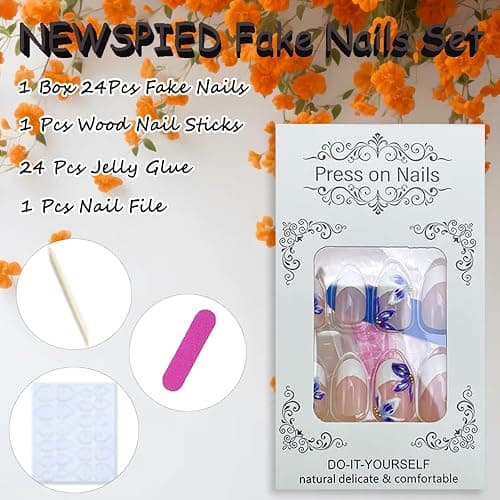24Pcs White French Tip Press on Nails Medium Almond 3D Flower Fake Nails with Gold Pearl Designs Glossy Artificial Acrylic Full Cover False Nails Blue Floral Nails Summer Press ons for Women Manicure thumbnail 5
