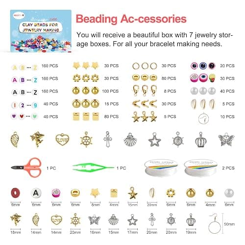 Redtwo 23000 Pcs Clay Beads Bracelet Making Kit 144 Colors 7 Boxes Flat Polymer Heishi Beads Set for Friendship Jewelry Making with Pendant Charms Crafts Gifts for Girls Ages 6-12 Kids Adults thumbnail 4