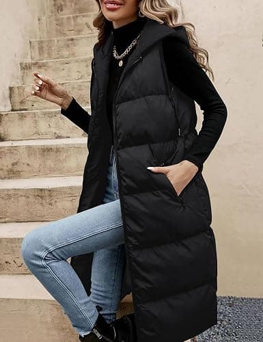 Lingswallow Long Puffer Vest Women Quilted Hooded Vests Outerwear Sleeveless Zip Up Coat Jackets With Pockets thumbnail 5