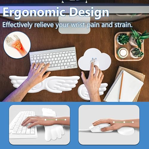Angel Wing Wrist Rest Ergonomic Angel Wings Keyboard Wrist Rest with Mouse Hand Support and Cloud Mouse Pad Set, Pu Leather Surface, Non-Slip Base & Memory Foam for Office, Gaming, Work(3Pcs, White) thumbnail 3