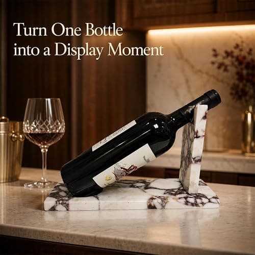 Artisanal Abode Marble Wine Holder, Single Bottle Tabletop Rack | Natural marble tabletop holder for one standard 750ml bottle; 11.8 x 3.9 x 5.9 in, for bar, counter, or dining decor. thumbnail 4
