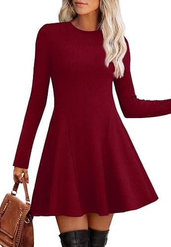OFEEFAN Sweater Dress for Women Fall 2025 Long Sleeve Crew Neck Ribbed Knit Fit and Flare A-Line Dresses thumbnail 2