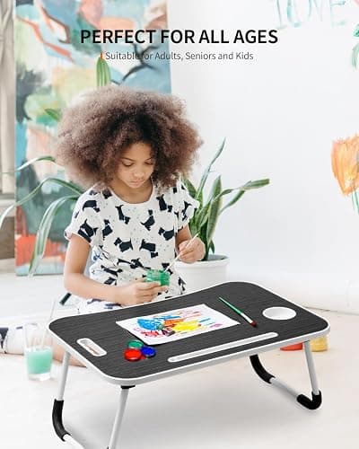 FISYOD Foldable Laptop Table, Portable Lap Desk Bed Table Tray, Laptop Stand with Cup Holder & Tablet Slot & Lifting Handle for Working Writing Drawing & Eating (Black) thumbnail 4