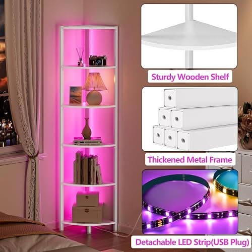 Furnulem 6 Tier Corner Shelf with LED Light, 67.5” Tall Standing Shelf Organizer, White Narrow Bookshelf with Storage Rack for Wall Corner, Living Room, Bedroom, Metal Frame, Wood Display Shelf thumbnail 8