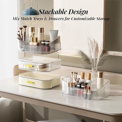 Delamu Makeup Organizer for Vanity with Stackable Drawers, 360 Rotating Makeup Brush Holder Large Cosmetic Display Case, Bathroom Skincare Storage, Crystal Clear, Ideal Christmas Gifts for Girls thumbnail 7