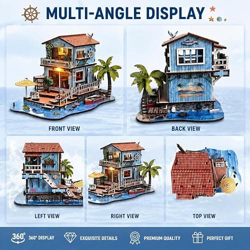 3D Wooden Puzzles for Adults, Seaside Cabin DIY Miniature House Kit with LED Light, Creative Booknook Kit, Ocean Theme Dollhouse Model Building Kit(244 pcs) thumbnail 5