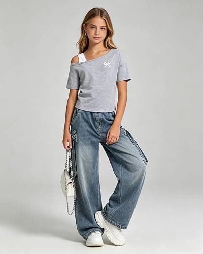 Kxuryueo Teen Girl Clothes One Shoulder Top and Wide Leg Stretch Jeans 2 Piece Casual Outfits Size 7-16 thumbnail 2