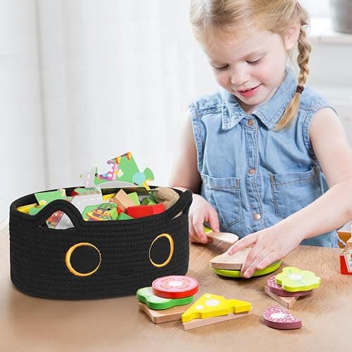 WILLITAT Black Cat Toy Basket, Small Woven Cat Toy Storage Box with Cute Ears Handle Indoor, Cotton Rope Storage Bin with Embroidered Face for Halloween Decor, Pet Bed, Nursery Kids Room Organization thumbnail 5