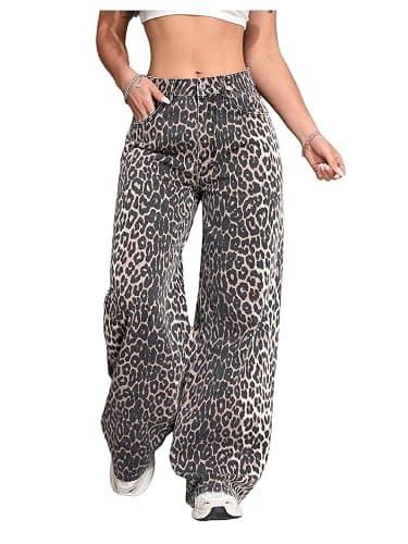 Floerns Women's Y2k Cheetah Print Wide Leg Jeans High Waisted Baggy Casual Denim Pants - Image 1